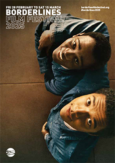 Two black boys with arms around each other looking up, from above. Brown background.