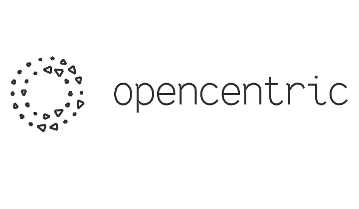 Black on white logo with double circle made up of dots next to company name: Opencentric