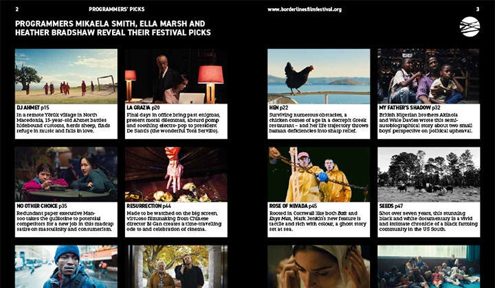 Page with black background with 12 film stills with brief synopsis beneath in rows of 4 x 3