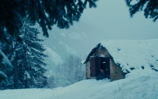 Snow-covered shed in alpine forest setting