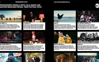 Page with black background with 12 film stills with brief synopsis beneath in rows of 4 x 3